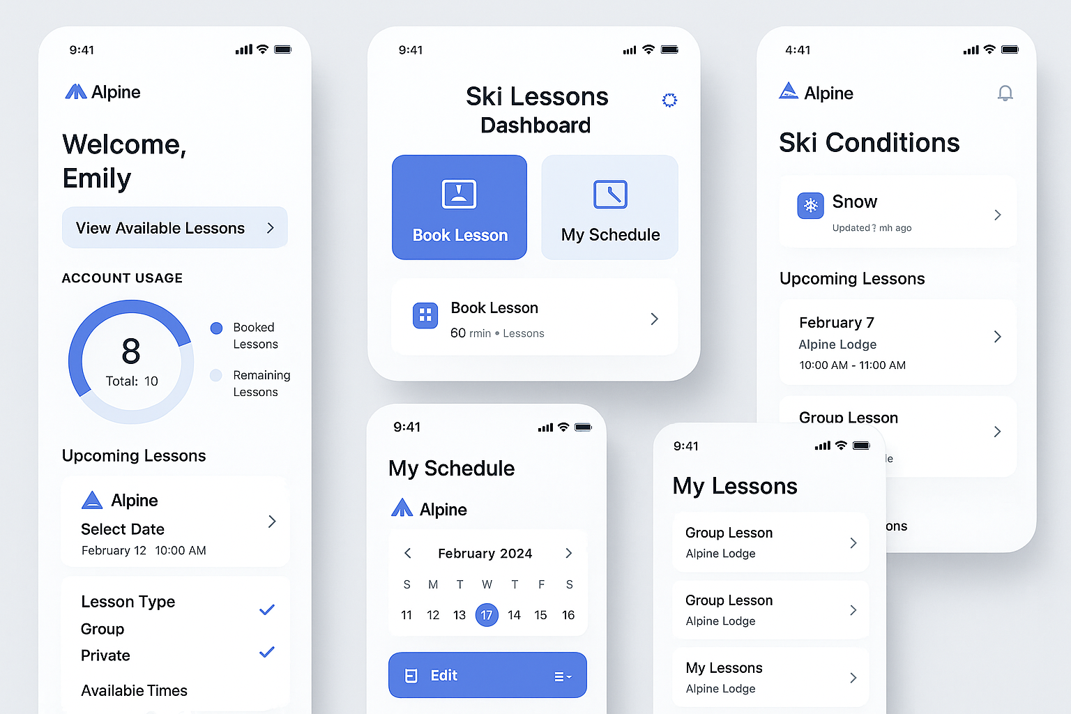Ski school booking UI mockups