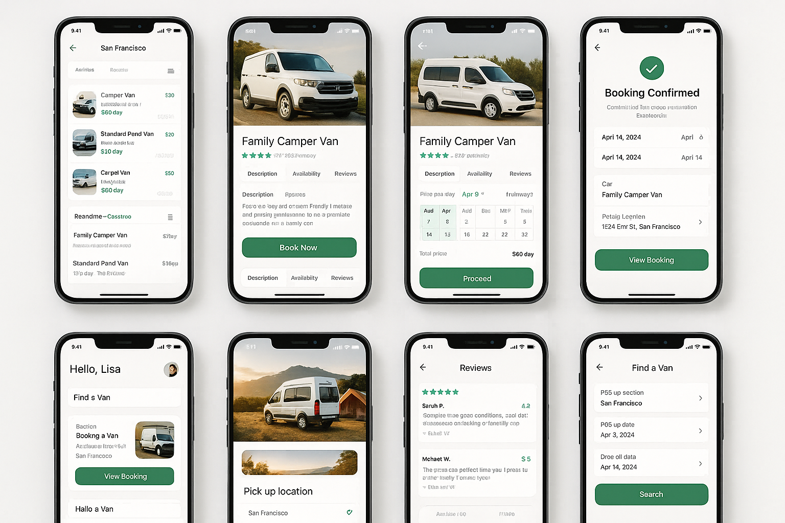 Van rental app screens